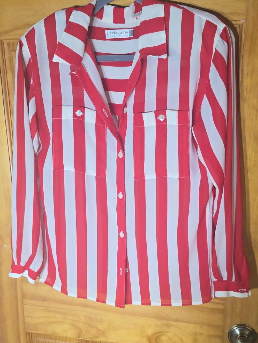 Liz Claiborne Red & White Vertical Stripe Button-Down Shirt